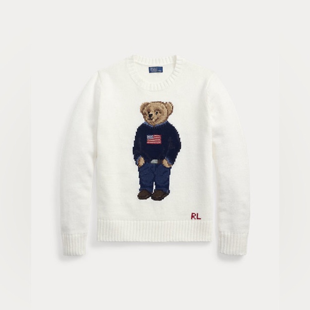 POLO RALPH LAUREN BEAR LINEN COTTON CREWNECK SWEATER IN DECKWASH WHITE MULTI - Picture 3 of 11